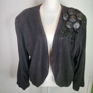 Judith Ann Creations Vintage 80s Black Leather Bolero 2X Coiled Roses